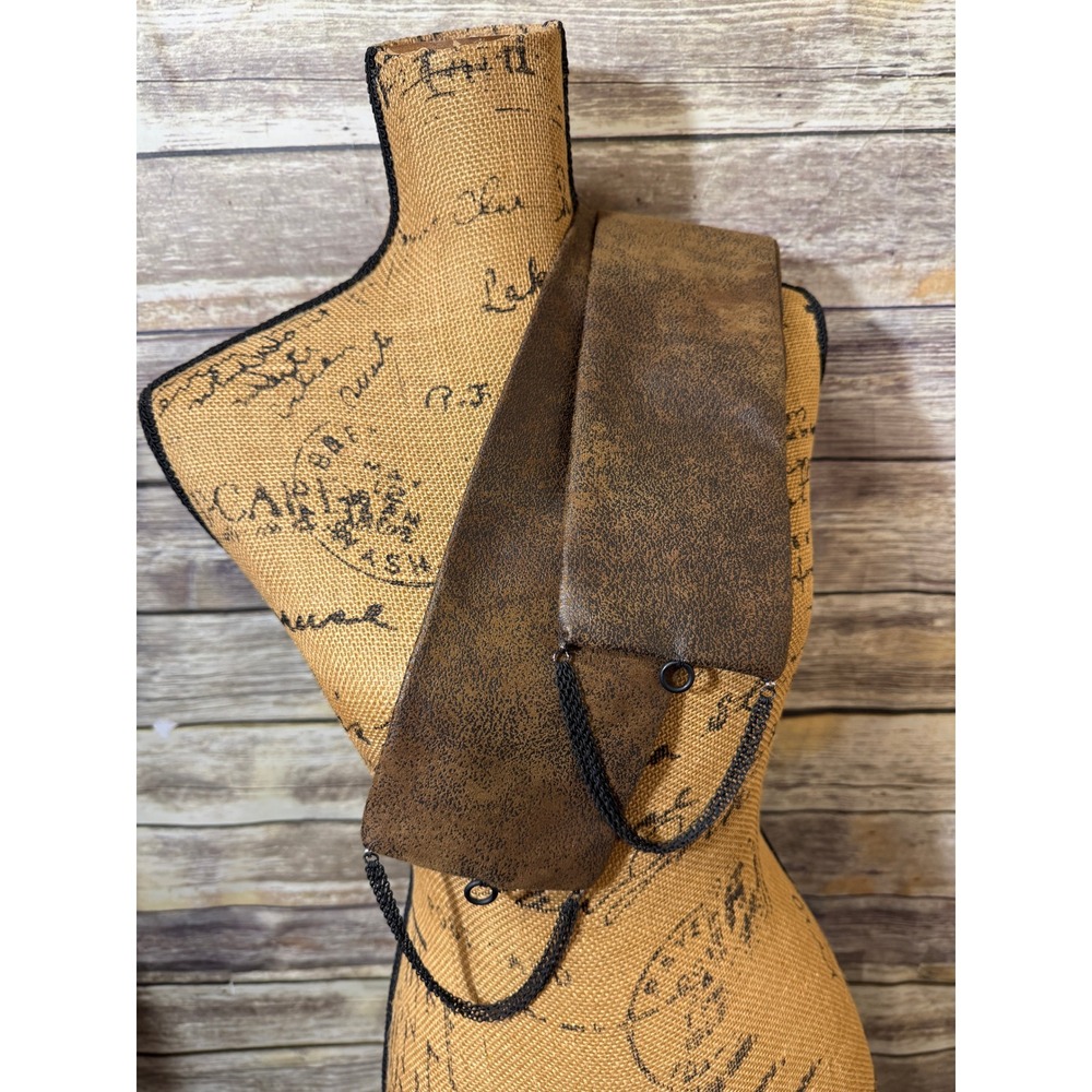 Brown Distressed Faux Leather Wrap Scarf with Black Chain Link O-Ring Accents